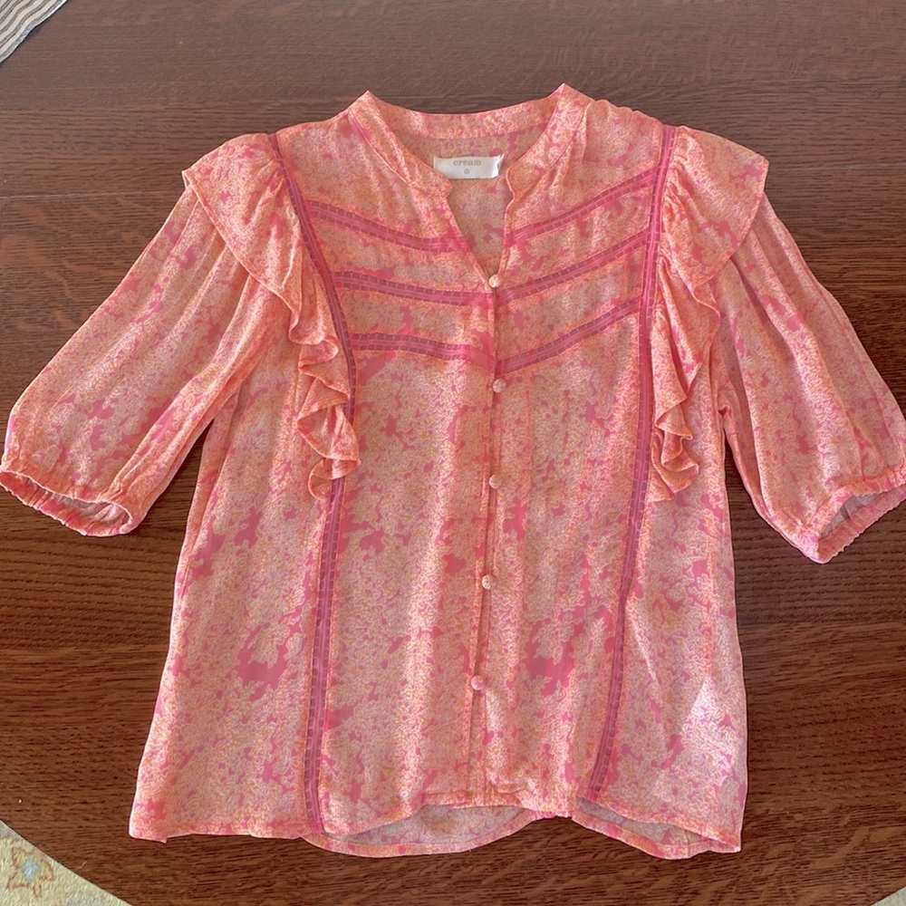 CREAM Blouse, sheer with lace accents, size 36